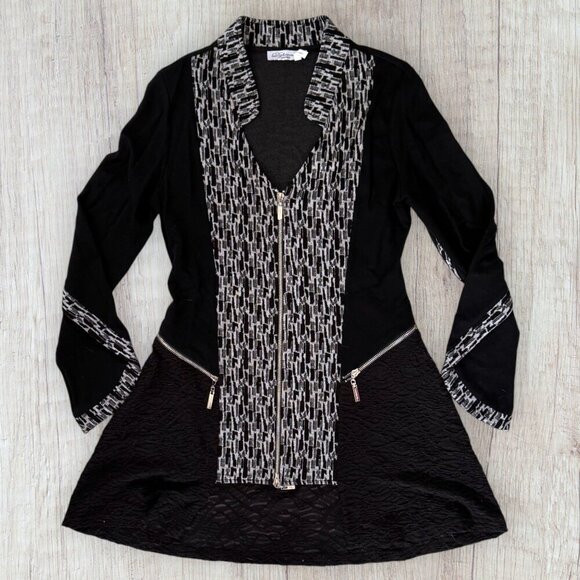 Dzhavael Couture Black Grey Lace Zipper Accent Long Blazer Holiday Jacket S - Picture 1 of 4